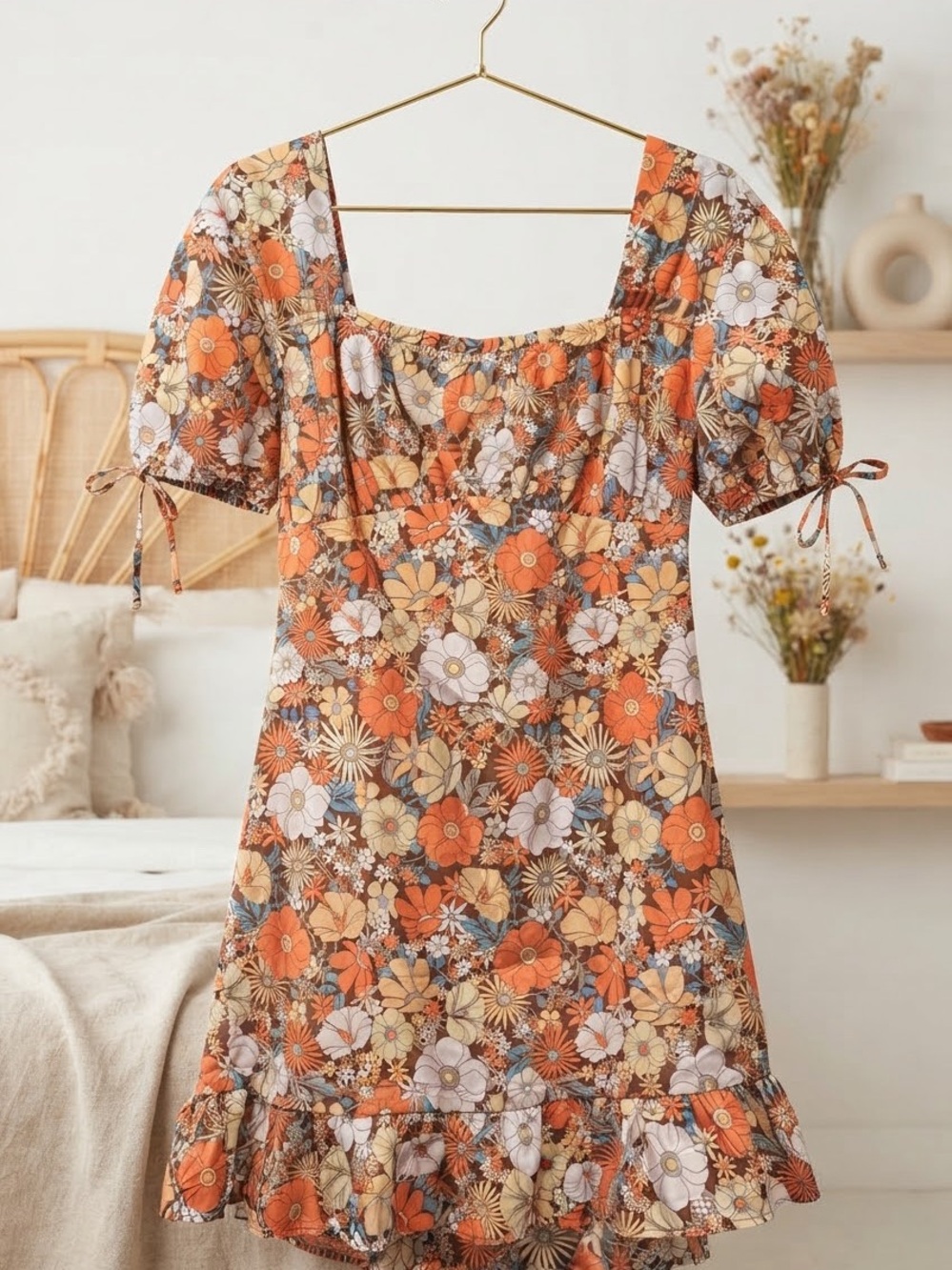 Floral Square-Neck Mini Dress - Orange Multi
